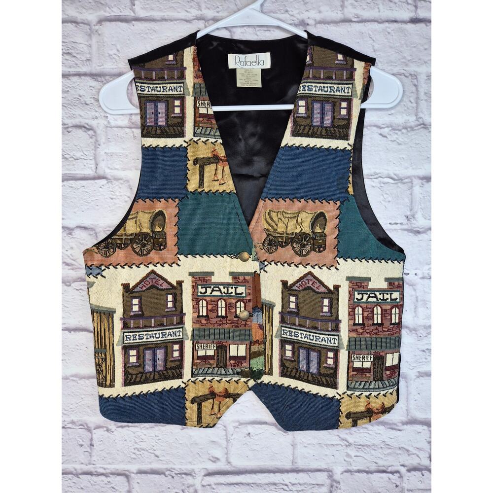 Vtg 90s Rafaella Western Tapestry Vest Small Cowboy Saloon Jail Wagon Waistcoat